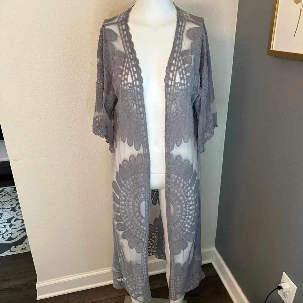Rebellion Again Women’s Blue Boho Lace Kimono Cardigan Wrap Size Medium - Picture 5 of 11